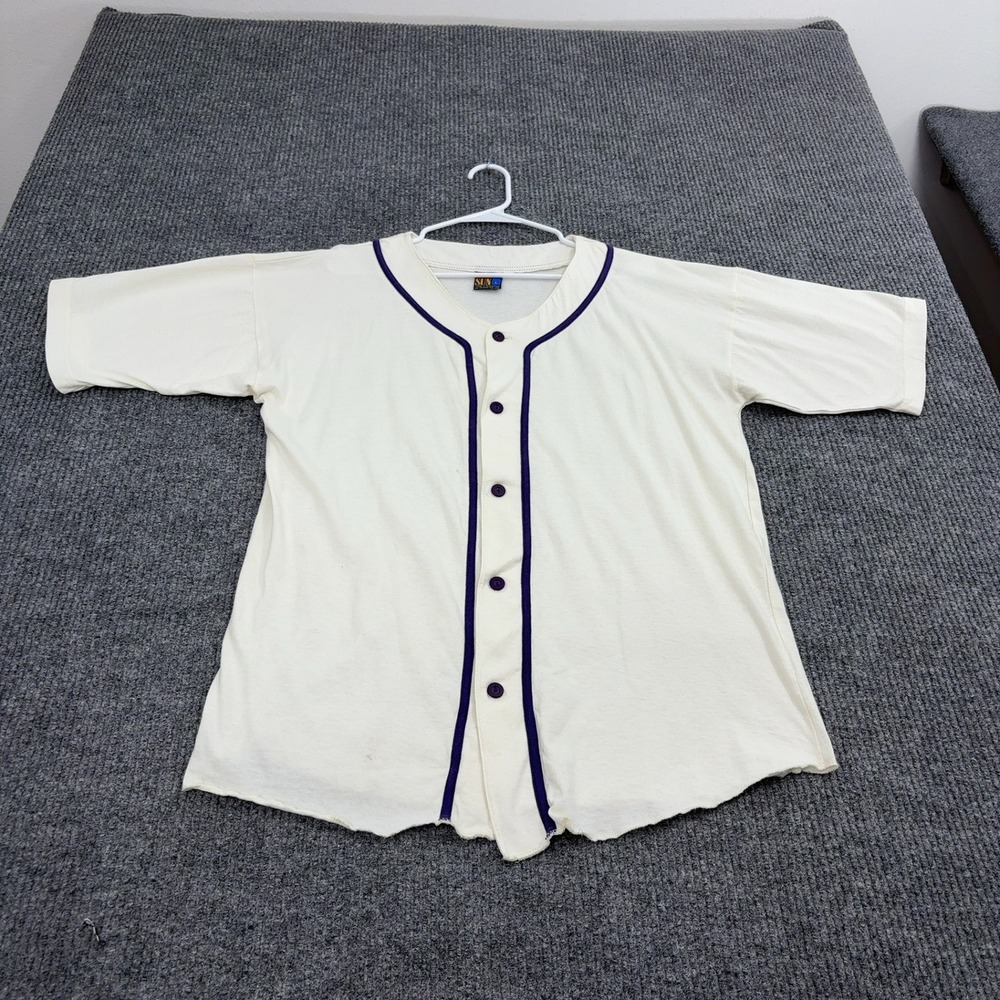Vintage Sun Jersey Mens L Cream Cotton Button Up Baseball Raw Hem Sportswear